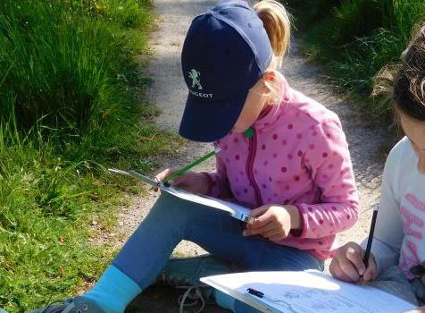Kinder füllen ein Blatt Papier auf einem Wiesenweg aus