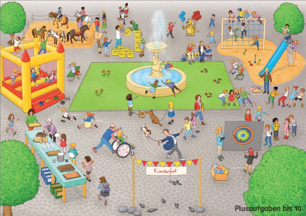 Abb.: Wimmelbild zu „Plusaufgaben bis 10“ aus dem Maxibuch 1