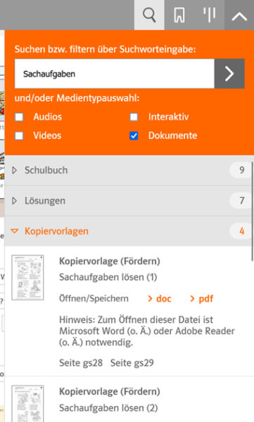 Screenshot MiniMax DUA mit Suchwort Sachaufgaben