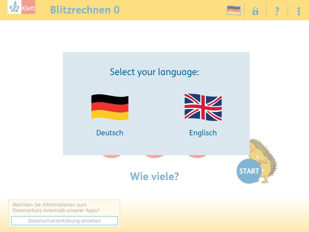 Grundschulblog_Digitales_App_Blitzrechnen_0_Screenshot_Sprachauswahl App Blitzrechnen 0, Sprachauswahl