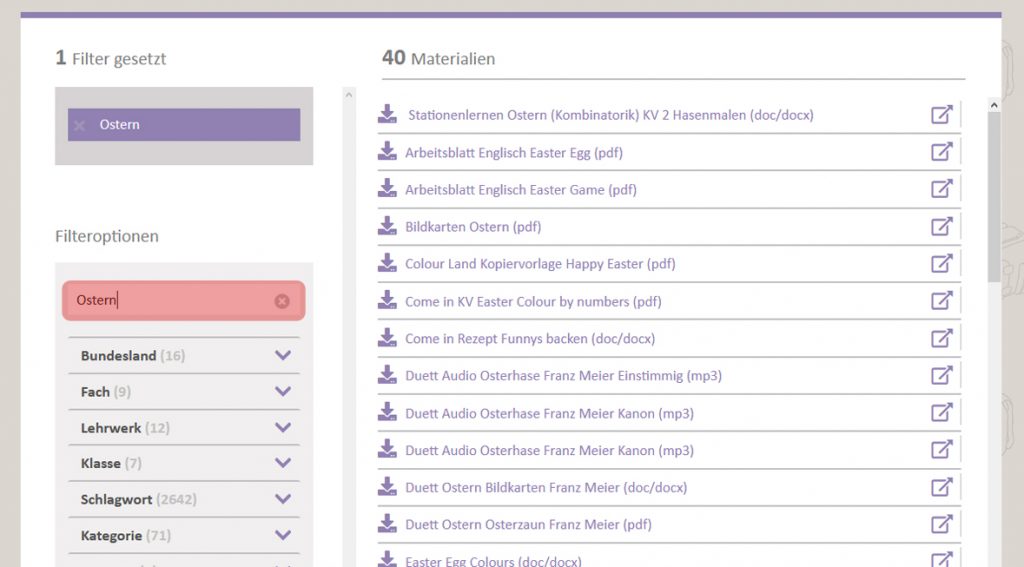 Grundschulblog_Klett_Grundschule_digital_Suchtool_Downloadbereich Suche im Downloadbereich nach Ostern