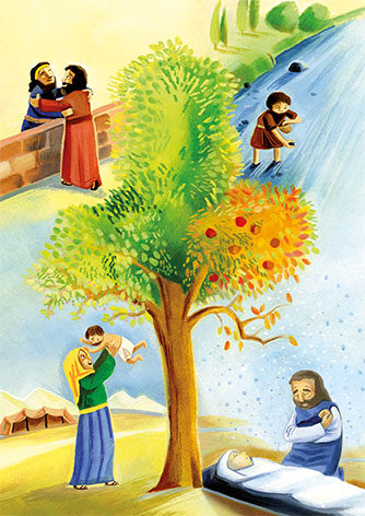 Ausschnitt aus einer Grundschul-Bibel, Kniebuch, mit einer Illustration eines Baumes