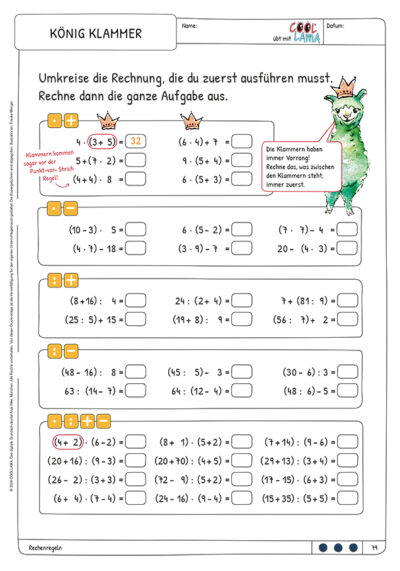 Grundschul-Blog-Unterrichten-Mathematik-Coollama-Kopiervorlagen-Klasse-3-4-Koenig-Klammer Coollama Kopiervorlagen Klasse 3 und 4 König Klammer