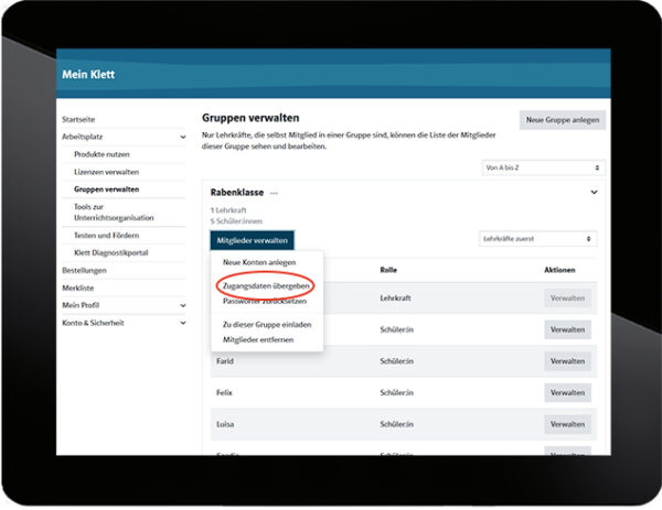 Rechenrabe eCourse Klasse 4 Screen Tablet Mitglieder verwalten 2