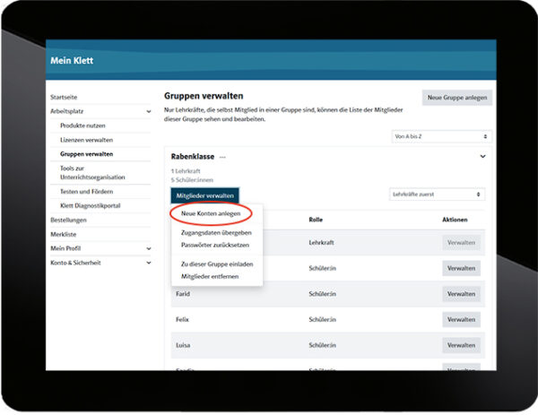 Rechenrabe eCourse Klasse 4 Screen Tablet Mitglieder verwalten