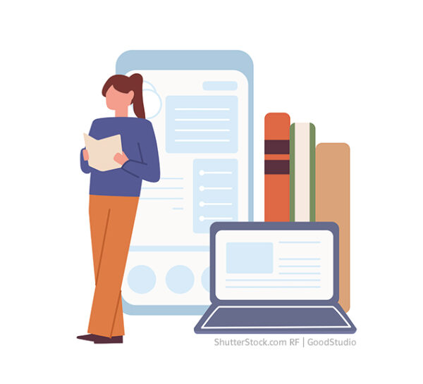 Grundschul-Blog-Grundschuljahr-dies-und-das-Schreibroutinen-Illustration-Frau-liest Illustration Frau liest Handy Laptop Bücher