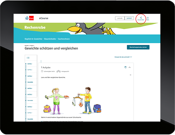 Klickt auf das Symbol eCourse teilen 