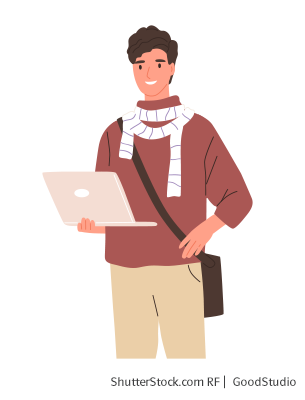 Grundschul-Blog-Grundschuljahr-Dies-Das-Stress-Stressreduktion-Laptop-stehend Illustration eines Mannes, welcher einen Laptop in der Hand hält und lächelt