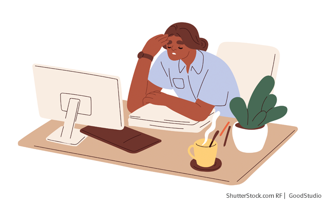 Grundschul-Blog-Grundschuljahr-Dies-Das-Stress-Stressreduktion-Laptop2 Illustration einer Frau, welche am Schreibtisch vor einem Compzter sitzt und sich erschöpt an den Kopf fasst