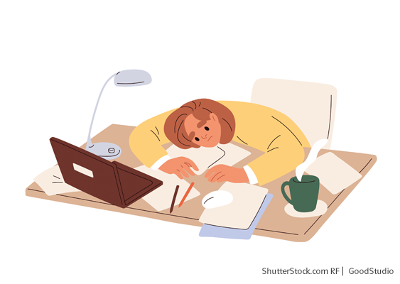 Illustration einer Frau, welche erschöpft auf einem Schreibtisch mit Laptop und aufgeschlagenen Büchern liegt