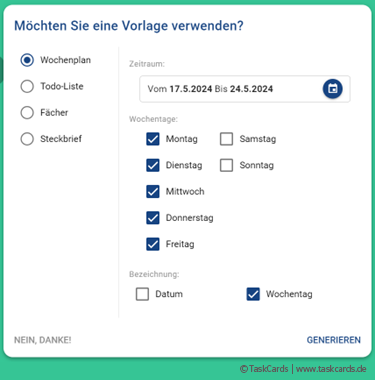 TaskCards Stoffverteilungspläne Wochenplanvorlage