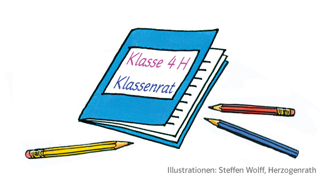 Grundschul-Blog-Unterrichten-Demokratie-Klassenrat-Heft Illustration Heft Klassenrat mit Stiften
