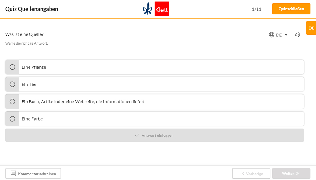 Screenshot Quiz Quellenangaben Frage 1