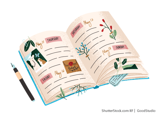 Illustration eines Buches / Journals mit einem Stift, der daneben liegt