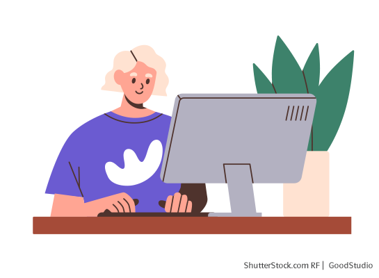 Illustration einer Frau, welche an einem Bildschirm sitzt und die Hände auf der Tastatur hat