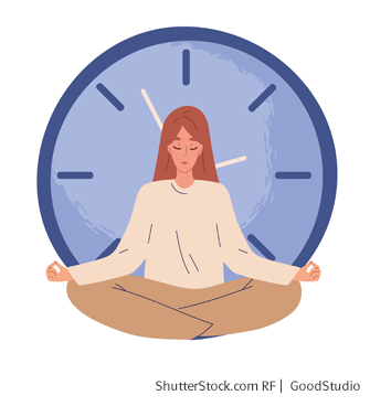 Illustration iener Frau, welche im Schneidersitz von einer Uhr meditiert