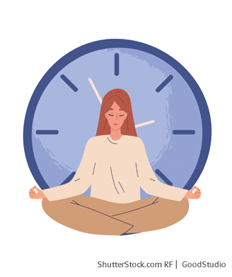 Grundschul-Blog-Grundschuljahr-Dies-Das-Stress-Stressreduktion-Meditation Illustration iener Frau, welche im Schneidersitz von einer Uhr meditiert