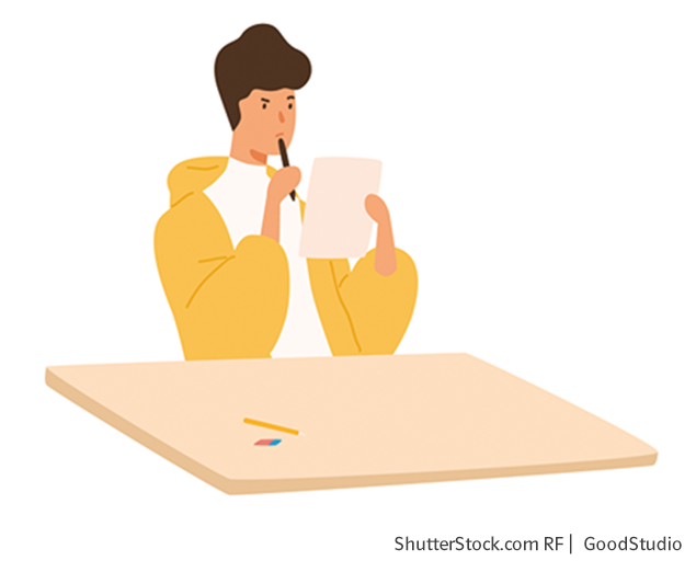 Illustration einer Person, welche an einem Schreibtisch sitzt, sich nachdenklich einen Stift an den Mund hält und Blätter in der Hand hat