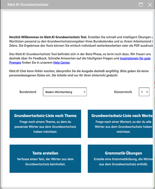 Grundschul-Blog-Unterrichten-Deutsch-Klett-KI-Grundwortschatz-Bereiche Screenshot aus der Klett.KI Grundwortschatz mit den vier Bereichen