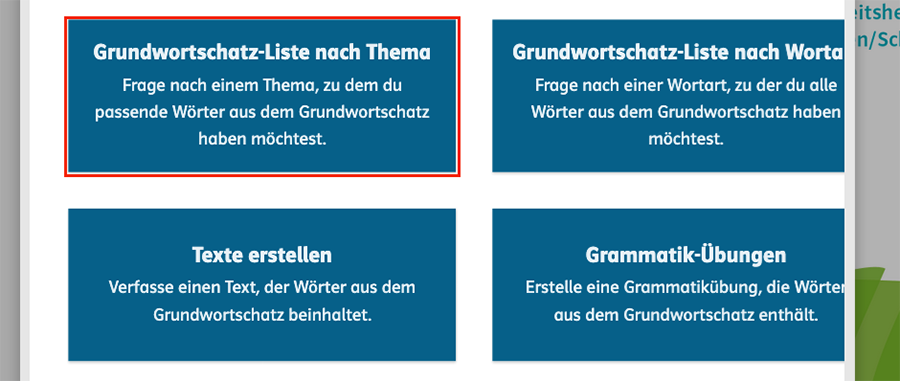 Grundschul-Blog-Unterrichten-Deutsch-Klett-KI-Grundwortschatz-Grundwortschatzliste Screenshot aus der Klett.KI Grundwortschatz mit der Grundwortschatzliste