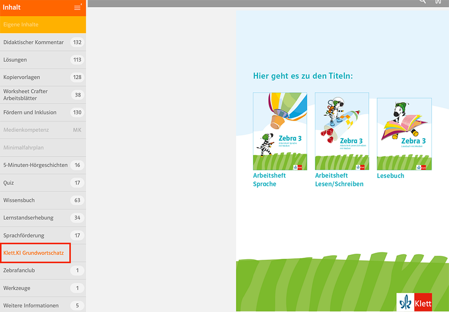 Grundschul-Blog-Unterrichten-Deutsch-Klett-KI-Grundwortschatz-Menue Screenshot aus der Klett.KI Grundwortschatz mit dem Menü