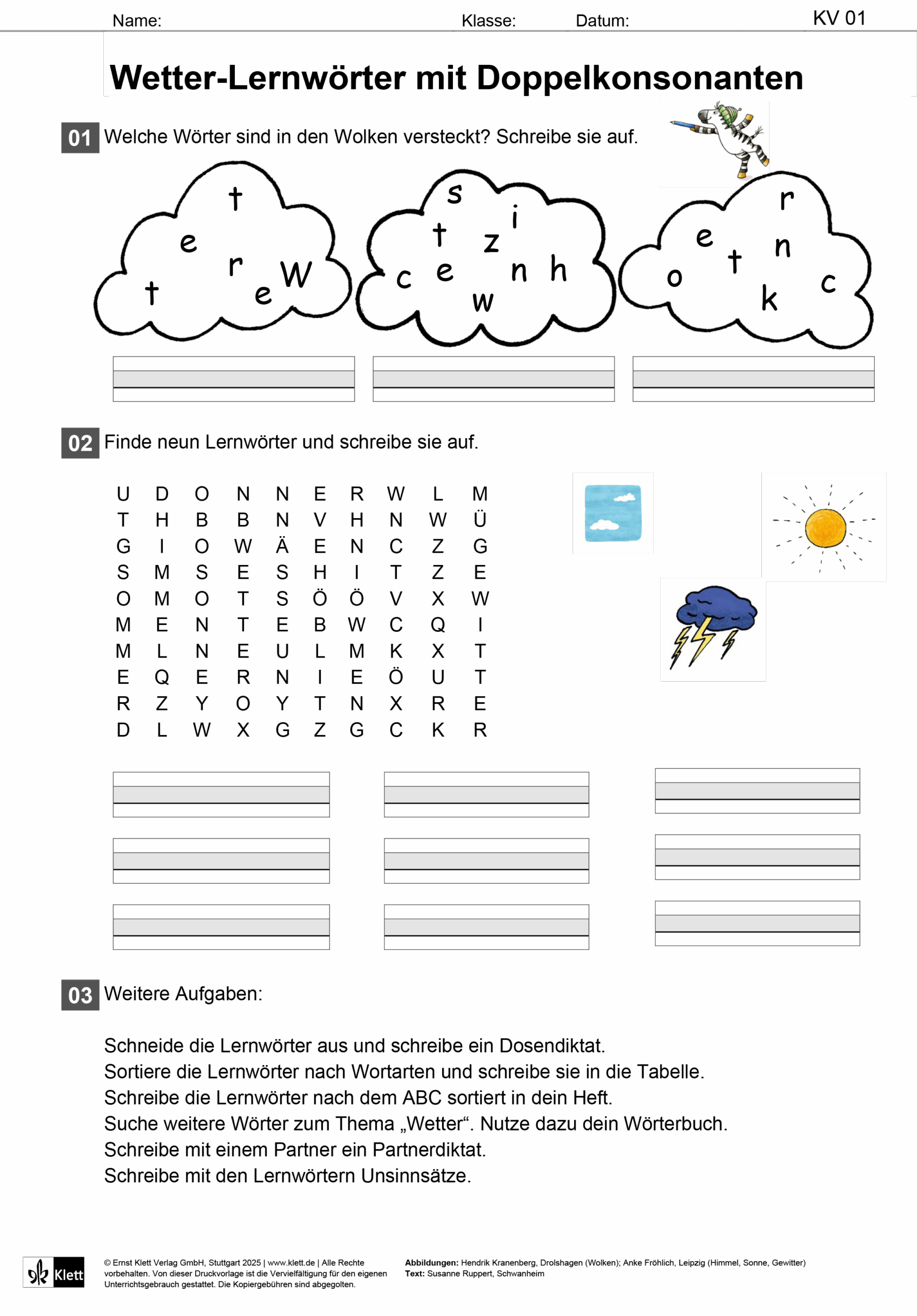 Grundschul-Blog-Unterrichten-Deutsch-Klett-KI-Grundwortschatz-Wetterwoerter-Doppelkonsonanten-PDF-1 Screenshot aus der Klett.KI Grundwortschatz mit einem Arbeitsblatt zu Wetterwörtern