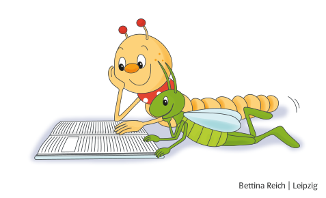 Grundschul-Blog-Unterrichten-Sachunterricht-Deutsch-Buecherwurm-Buch-lesen Illustration von Bücherwurm und Grashüpfer, welche liegend ein Buch lesen