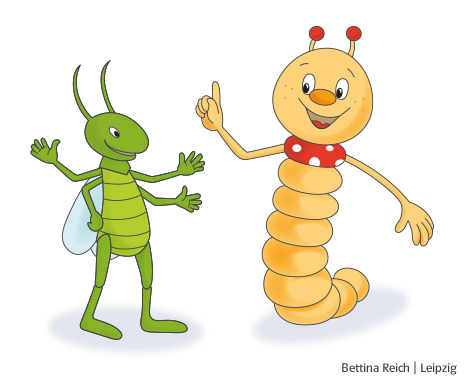 Illustration von Bücherwurm und Grashüpfer, welche die Daumen hochhalten