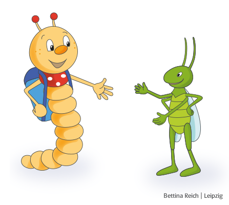 Grundschul-Blog-Unterrichten-Sachunterricht-Deutsch-Buecherwurm-Haende-reichen Illustration von Bücherwurm und Grashüpfer, welche sich begrüßen