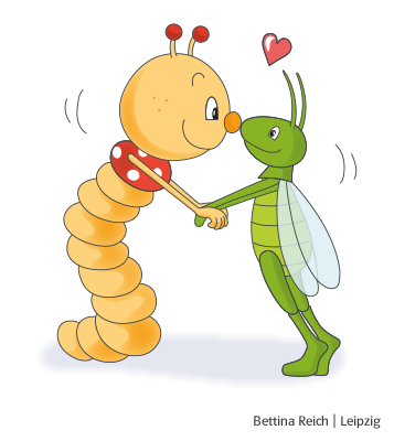 Grundschul-Blog-Unterrichten-Sachunterricht-Deutsch-Buecherwurm-Nasenkuss Illustration von Bücherwurm und Grashüpfer mit einem Nasenkuss