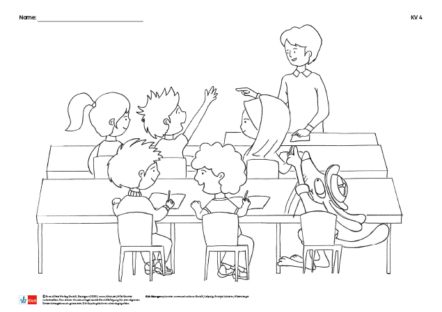 Niko Ausmalbild: Kinder in Klasse mit Hugo und Lehrer