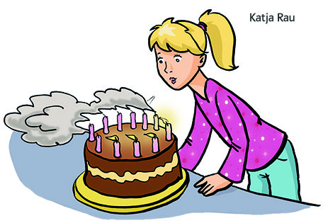 Anniversaire Illustration Kerzen auf Geburtstagstorte ausblasen