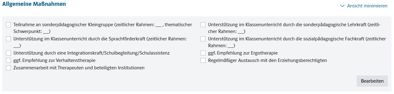 Lernentwicklungsassistenten LENA Screenshot Allgemeine Maßnahmen