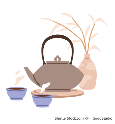Illustration einer Teekanne mit Teetassen und einer Vase im Hintergrund