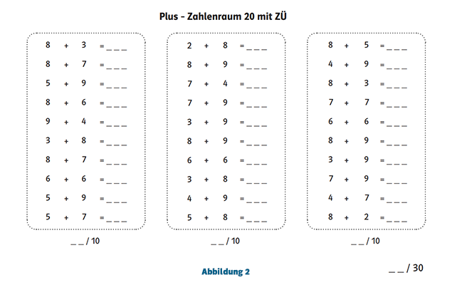 Kopfrechen-Aufgaben Plus Zahlenraum 20 mit Zehnerüberschreitung