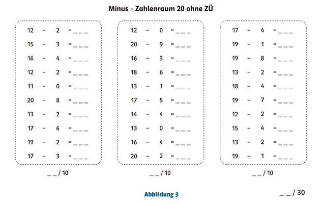 Kopfrechen-Aufgaben Minus Zahlenraum 20 ohne Zehnerüberschreitung