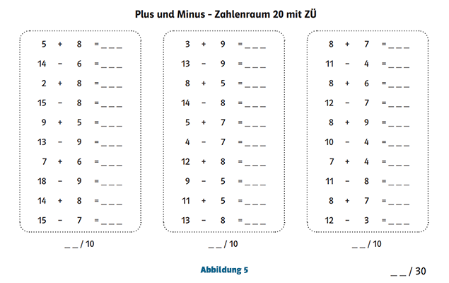 Kopfrechen-Aufgaben Minus und Plus Zahlenraum 20 mit Zehnerüberschreitung