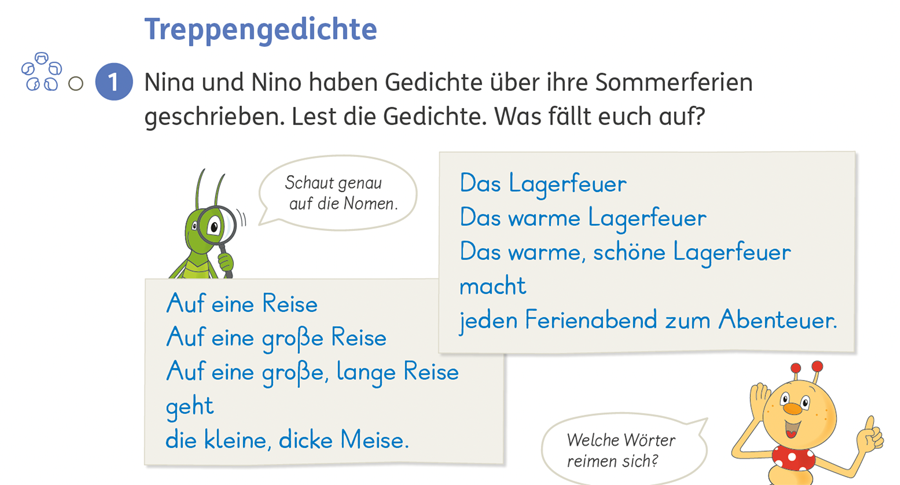 Treppengedichte: Bücherwurm Sprachbuch 2, Seite 42; Arbeitsheft PLUS, Seite 44