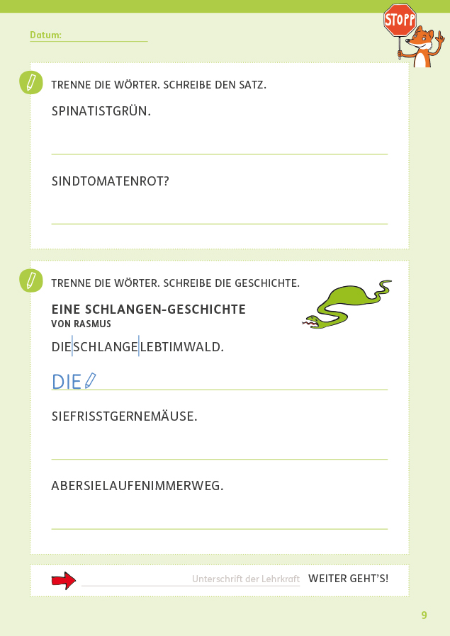 Fuchs-Seite ABC-Lernlandschaft 1/2, Arbeitsheft Rechtschreiben, S. 9