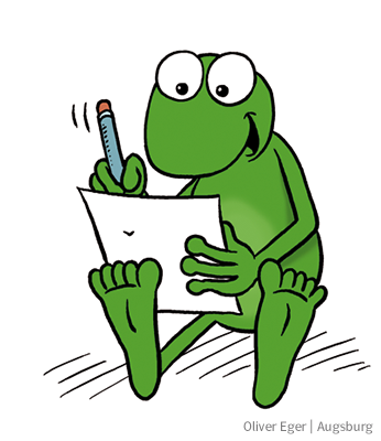 MiniMax Frosch Mini sitzt und schreibt auf ein Blatt Papier