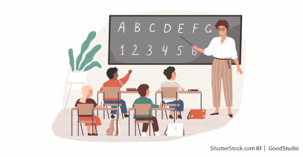 Ein Klassenraum in dem eine Lehrerin an der Tafel unterrichtet und die Schülerinnen und Schüler vor ihr sitzen und zuhören