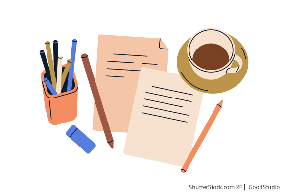 Illustration eines Arbeitsplatzes mit Stiften, Blättern und einem Kaffee