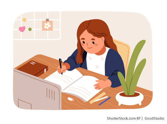 Grundschul-Blog-Grundschuljahr-Dies-Das-Schreibroutinen3-Schreiben Illustrationen einer Frau am Schreibtischen, welche in ein Buch schreibt