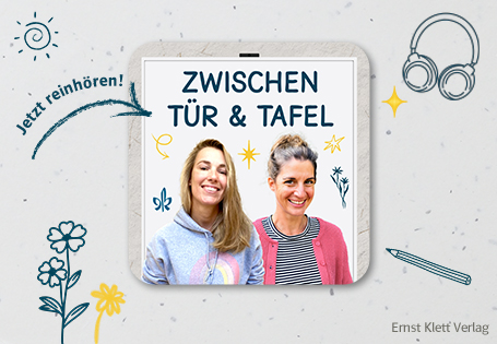 Beitragsbild Podcast "Zwischen Tür und Tafel" mit Hosts und Skizzen