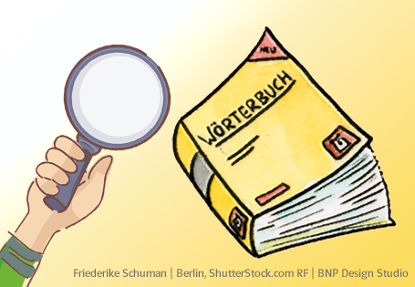 Beitragsbild Tag des Wörterbuchs - Zu sehen sind Illustrationen einer Lupe und eines gelben Wörterbuchs