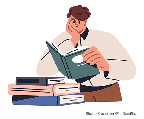 Illustration von einen Mann, welcher auf einem Stapel Bücher lehnt und ein Buch in der Hand hält und liest