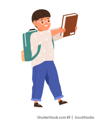 Illustration eines Kinds mit Rucksack, welches ein Buch vor sich hält