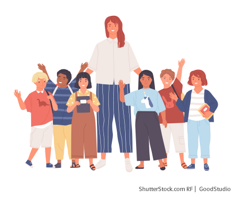 Illustration einer Lehrerin mit Schülerinnen und Schülern, welche um sie herum stehen