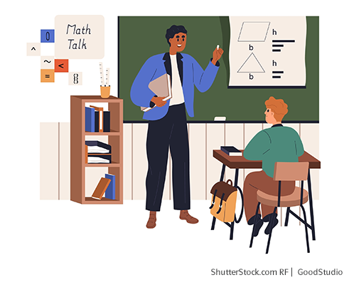 Illustration einer Mathematik-Lehrerin, welche in einem Klassenraum steht, während ein Schüler vor ihr sitzt