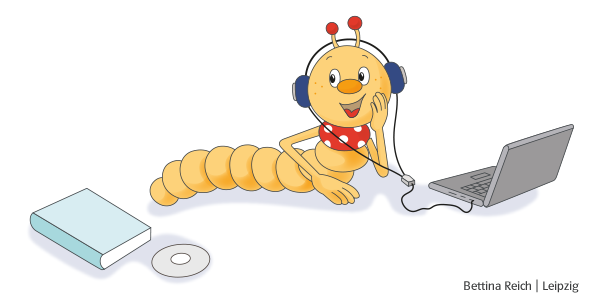 Illustration von Bücherwurm mit Kopfhörern, einem Laptop, einem Buch und einer CD
